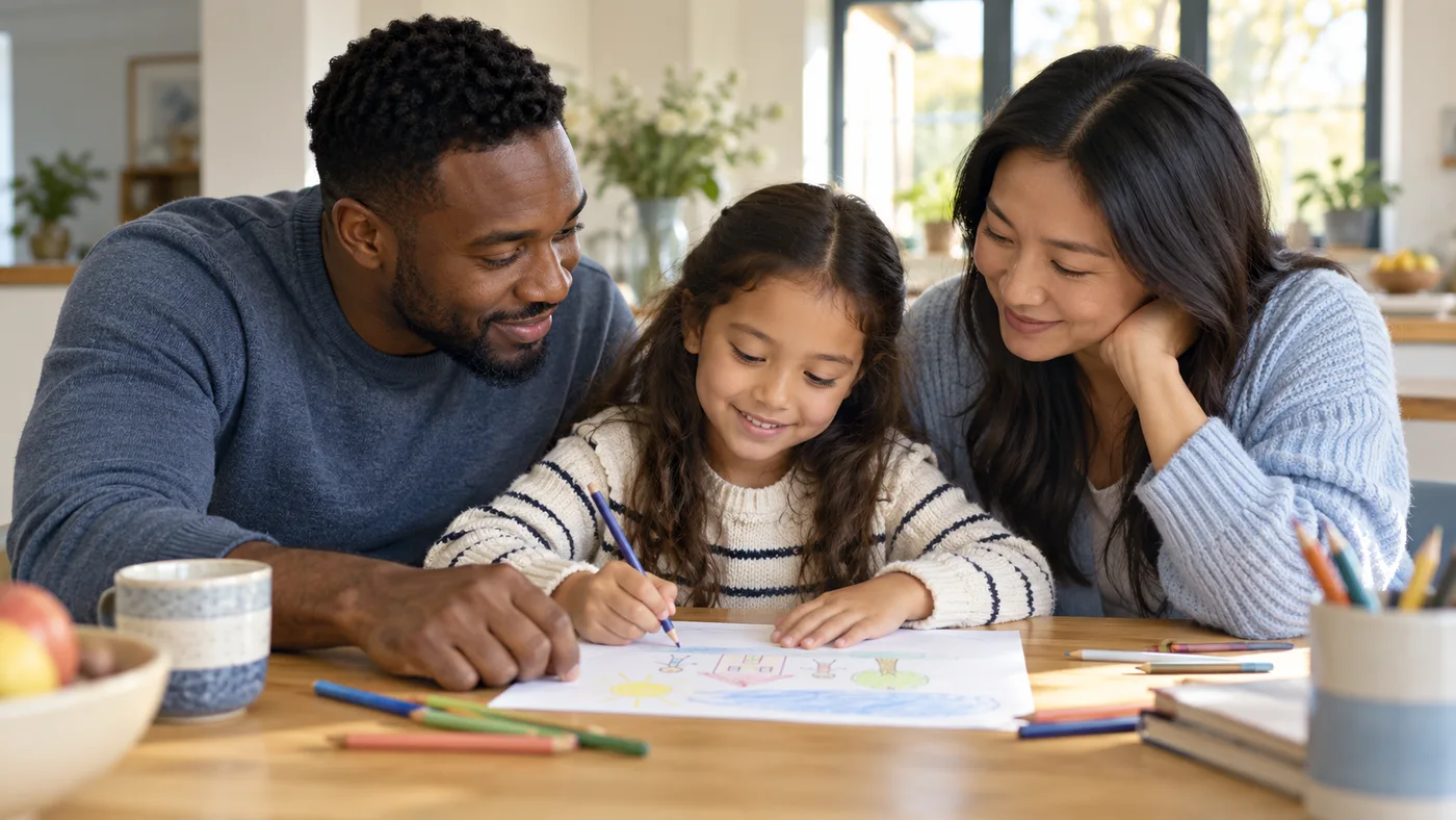 Illustrative child drawing with support from both parents