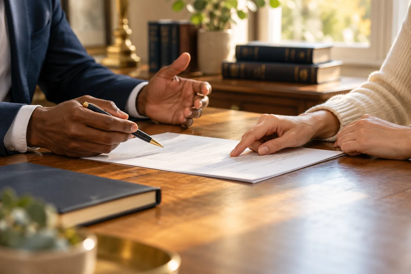 Illustrative close-up of hands reviewing paperwork together
